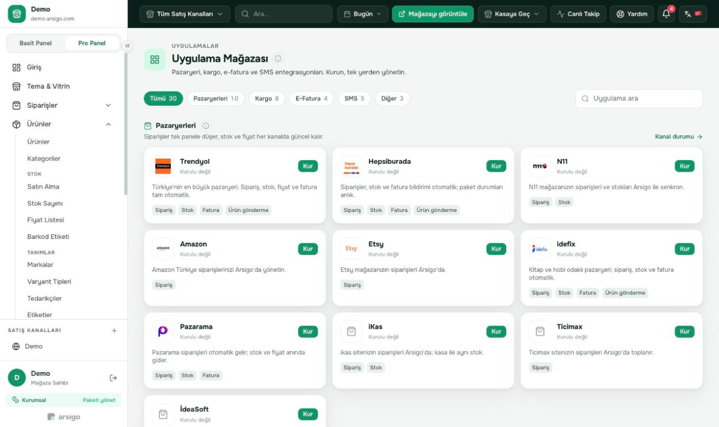 Uygulamalar > Uygulama Mağazası'nda pazaryeri, kargo, e-fatura ve SMS entegrasyonları listelenir.