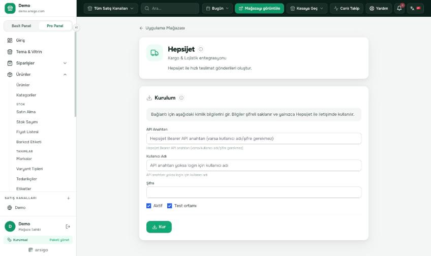 Hepsijet hesabınızdan aldığınız entegrasyon bilgilerini girin.