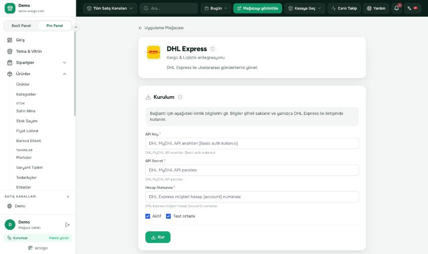 DHL Express hesabınızdan aldığınız entegrasyon bilgilerini girin.