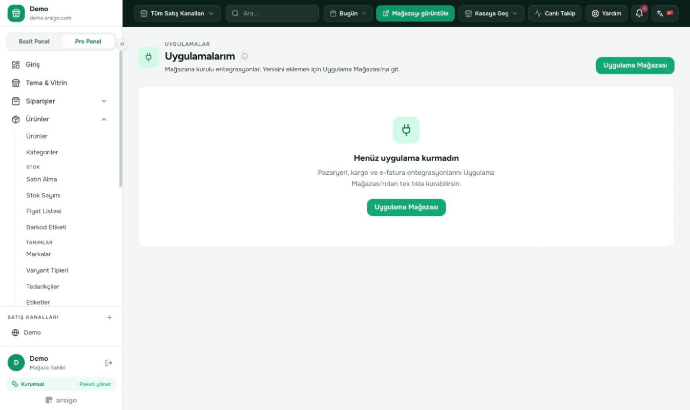 Kurulu entegrasyonlarınız burada listelenir; ayarlarını buradan açarsınız.