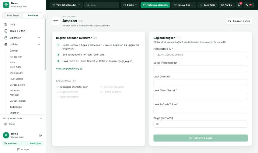 Soldaki adımlar bilgileri Amazon panelinde nerede bulacağınızı gösterir.
