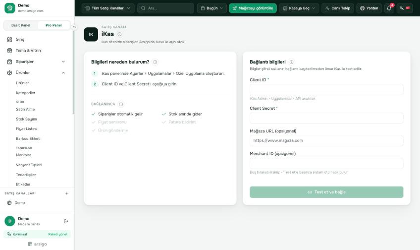 Site panelinden aldığınız bilgileri girip Test et ve bağla'ya basın.