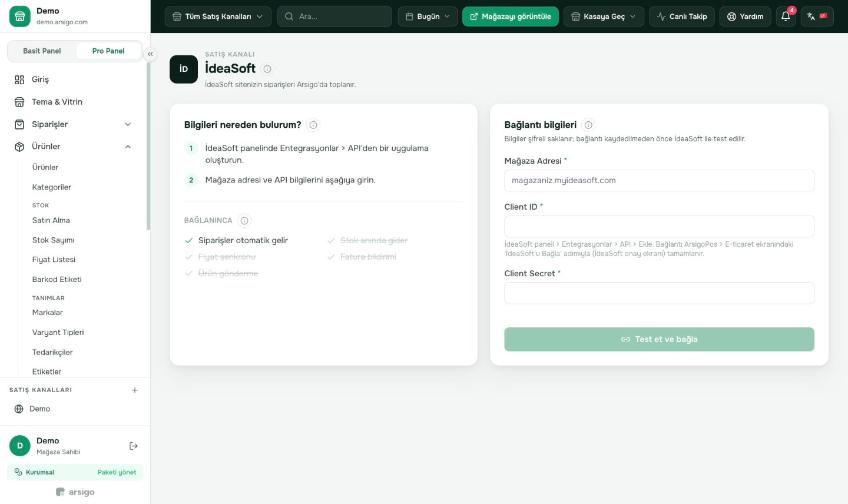 Soldaki adımlar bilgileri İdeaSoft panelinde nerede bulacağınızı gösterir.