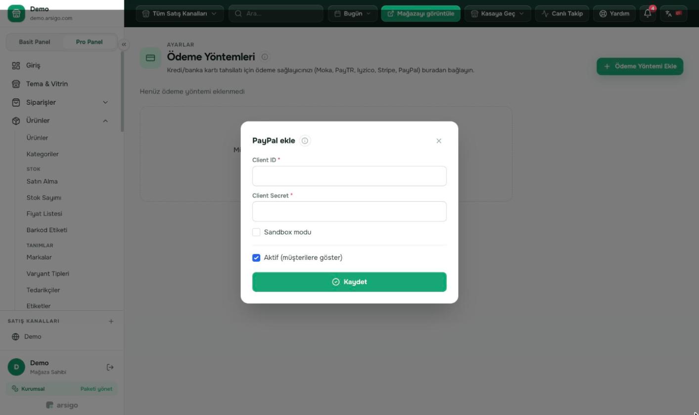 PayPal Developer'daki uygulamanızın Client ID ve Client Secret'ını girin.