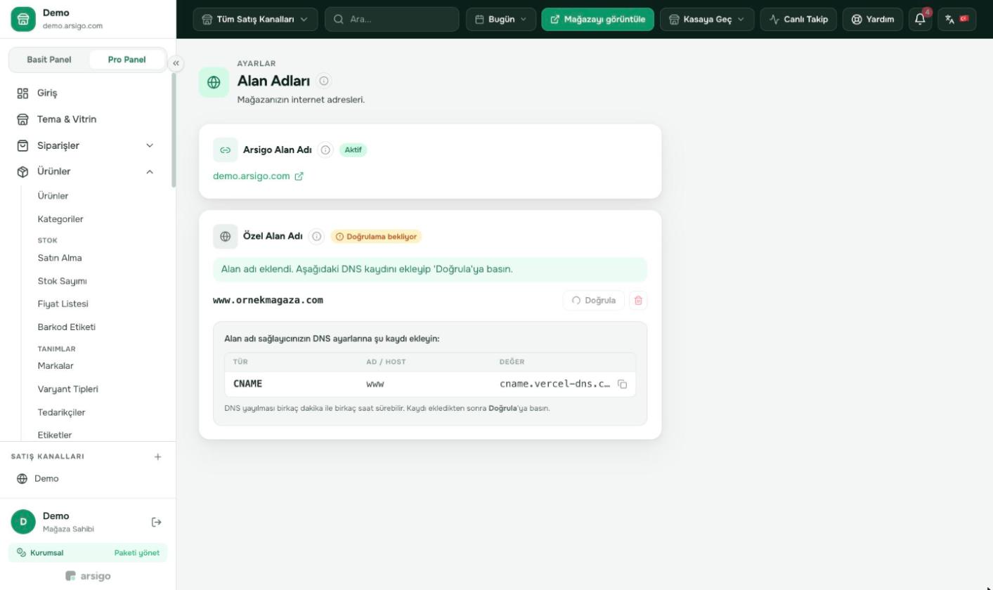 Durum Doğrulama bekliyor olur ve eklemeniz gereken DNS kaydı gösterilir.