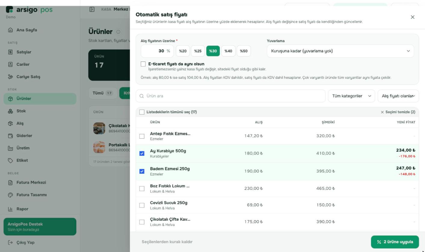 Alış fiyatının üzerine eklenecek yüzdeyi seçin ve yuvarlama kuralını belirleyin.