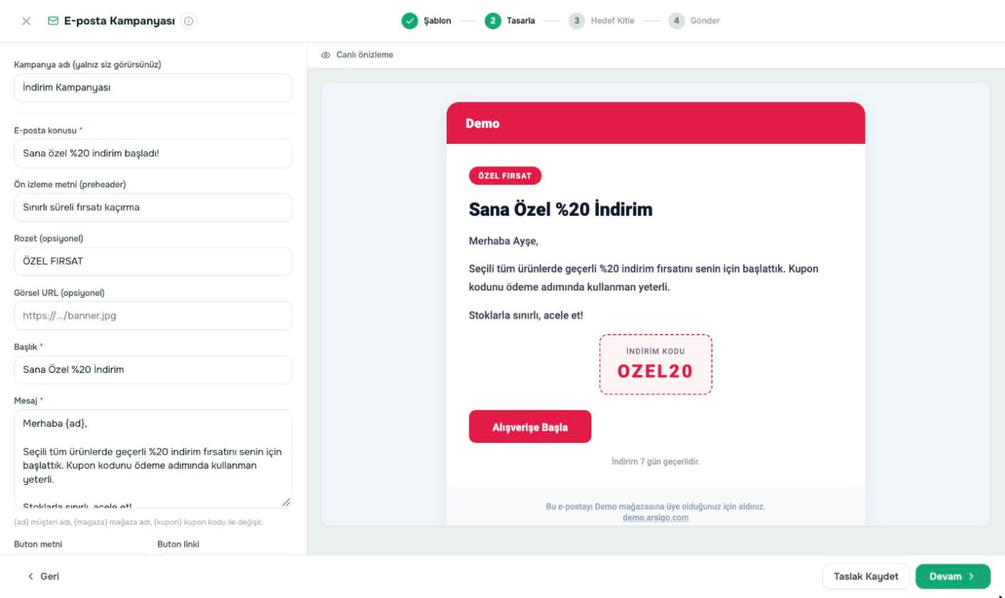 Konu, başlık, mesaj ve butonu düzenleyin; sağda canlı önizleme görünür.
