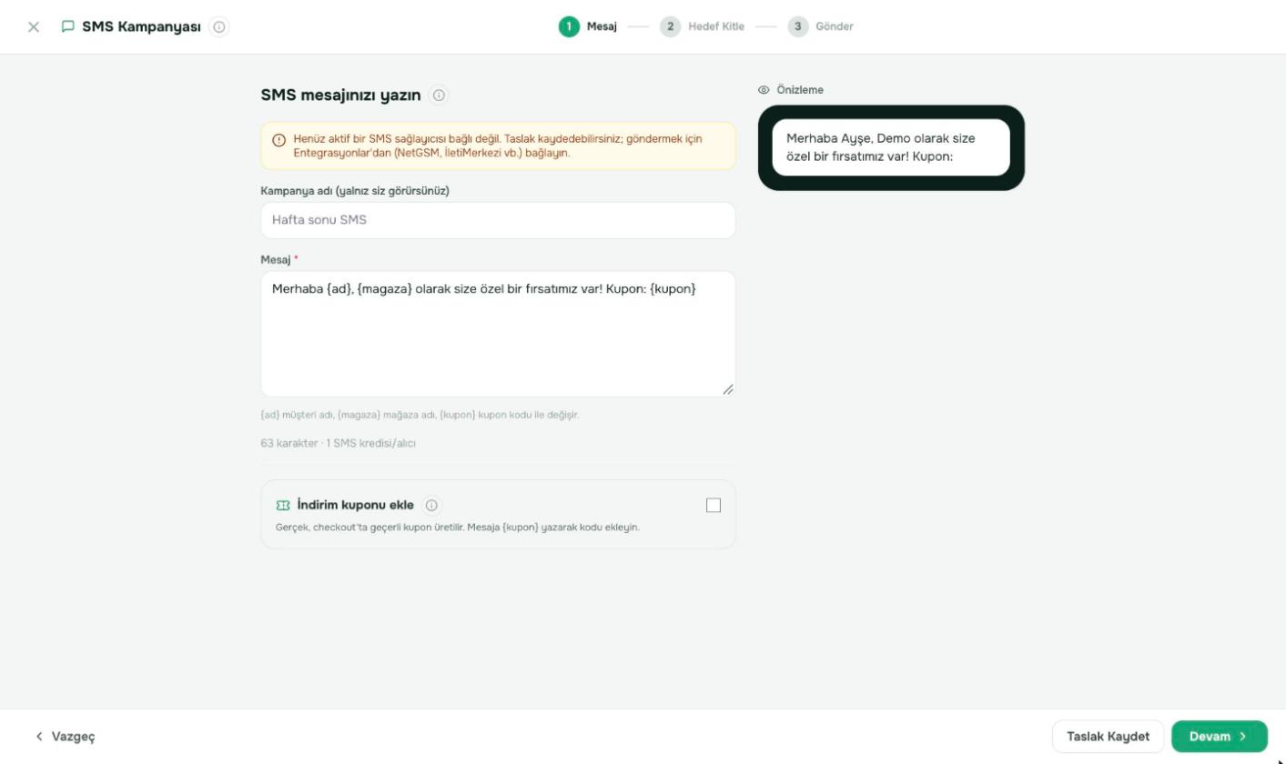 SMS sağlayıcısı bağlı değilse uyarı çıkar; Uygulamalar'dan bağlayın.