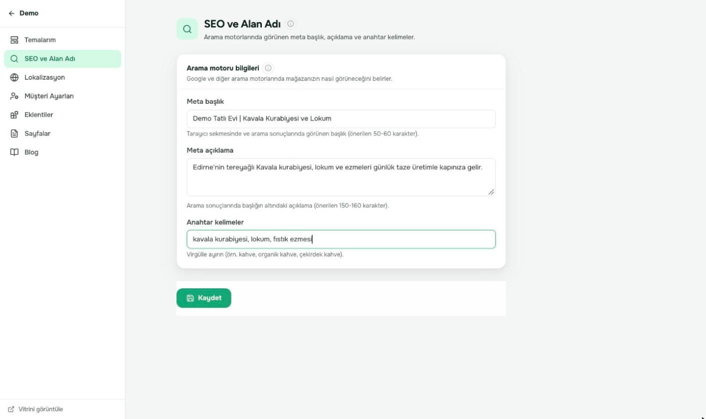 Meta başlık, açıklama ve anahtar kelimeleri girin; Google sonuçlarında bu metinler görünür.