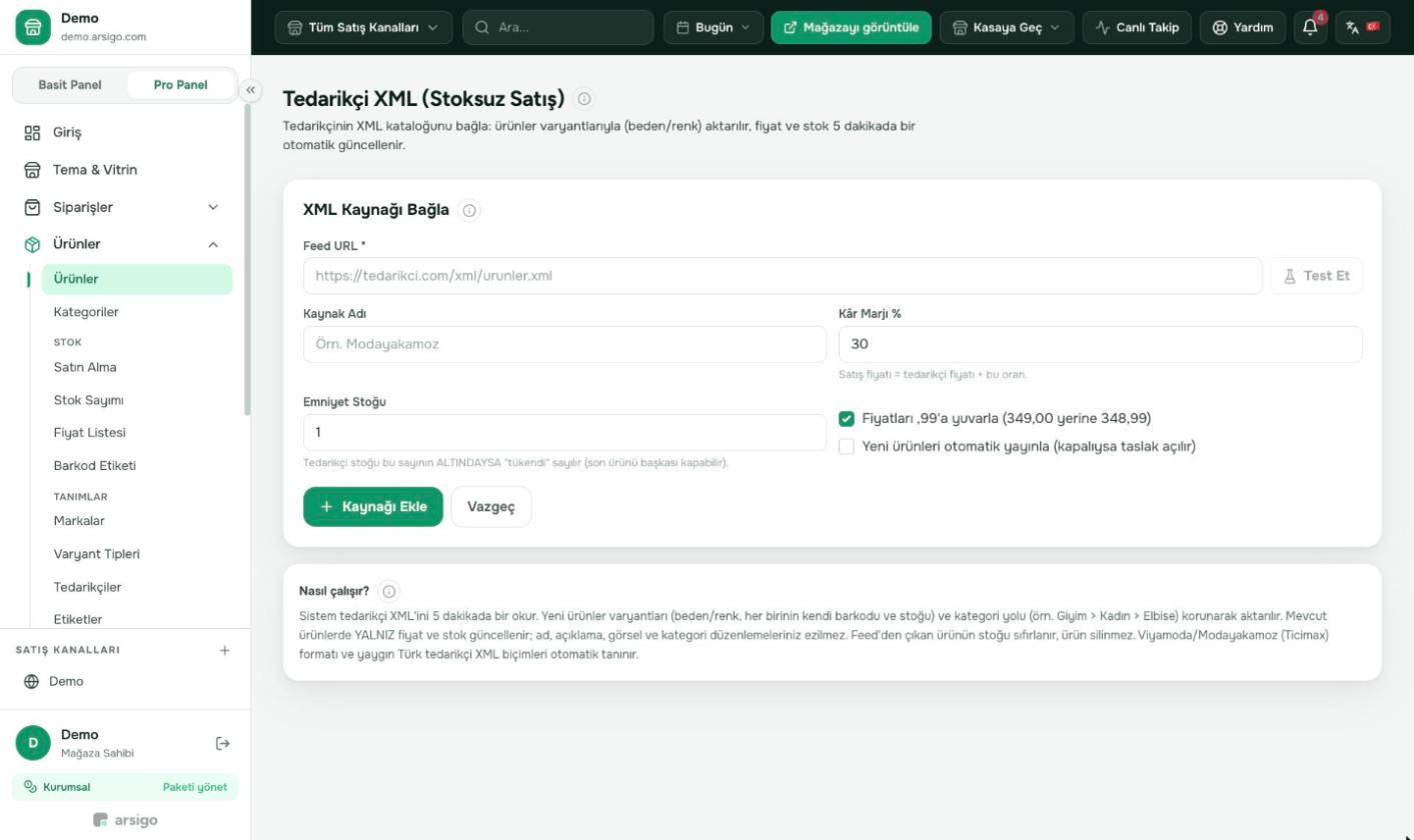 Tedarikçinin XML adresini yapıştırıp Test Et ile okunduğunu kontrol edin.